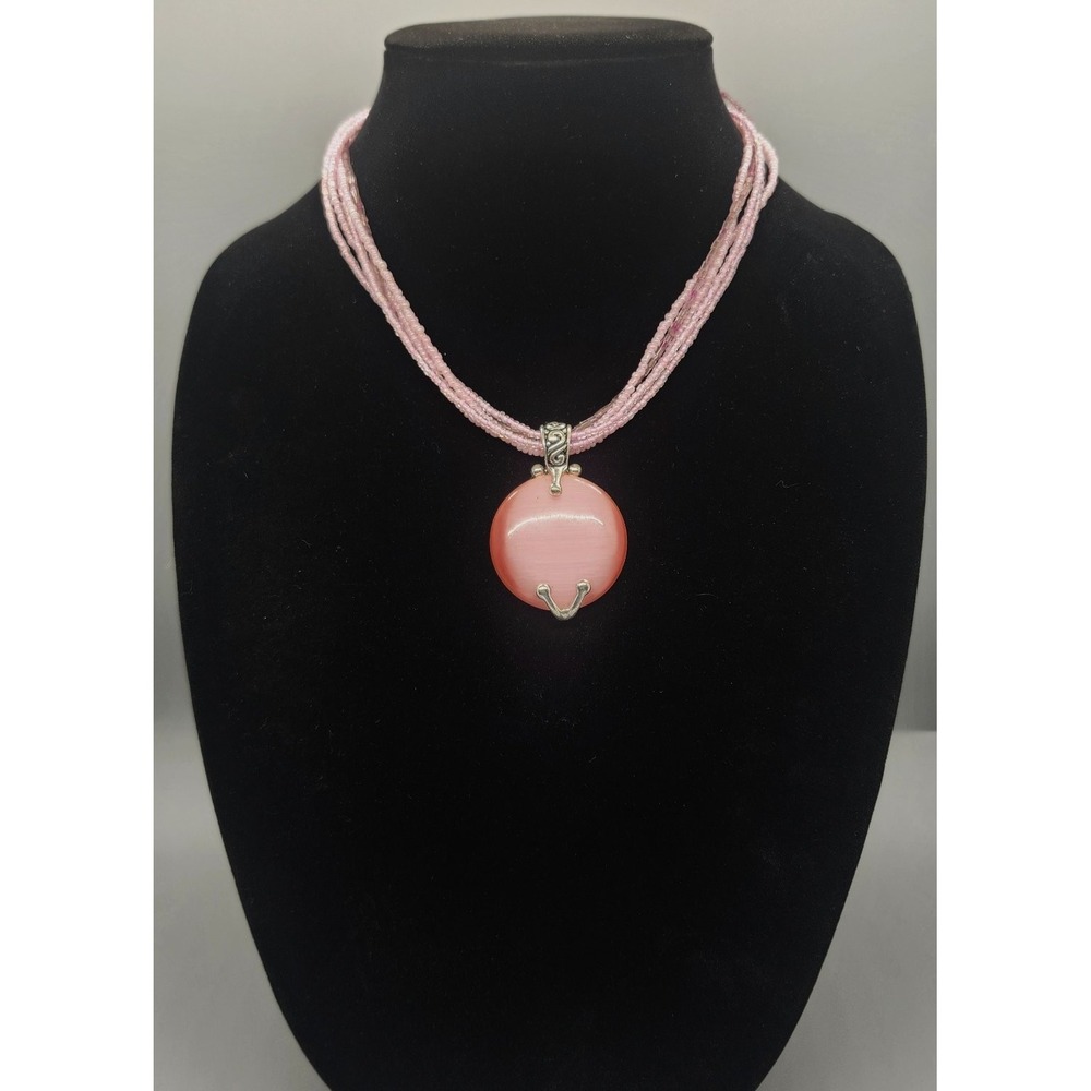 Premier Designs Pink Multistrand Beaded Choker Necklace Oval Cats Eye Pendant